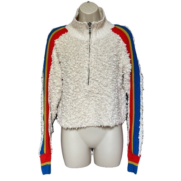 Free People Size XS Marshmallow Stripe Sweater Cream Deep Pile Rainbow Sleeve - Picture 2 of 16